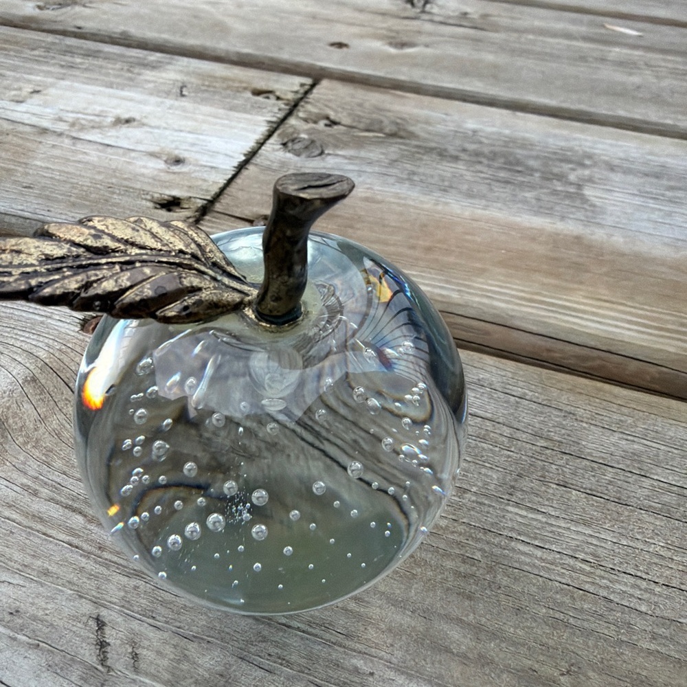Art glass Apple for home decor with brass leaf accent